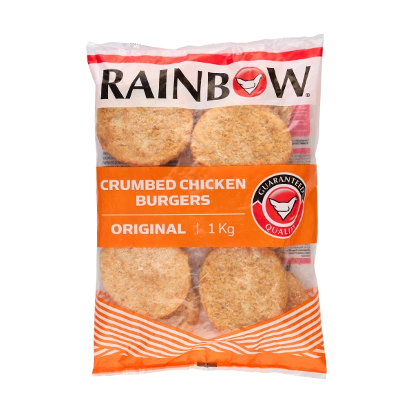RAINBOW FROZEN CRUMBED CHICKEN BURGERS 1KG